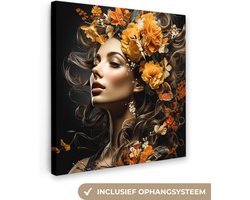 Canvas schilderij 90x90 cm - Vrouw bloemen - Kamer decoratie accessoires - Schilderijen portret woonkamer - Wanddecoratie slaapkamer - Muurdecoratie keuken - Wanddoek interieur binnen - Woondecoratie huis