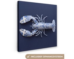 Canvas schilderij 90x90 cm - Wanddecoratie Kreeft - Porselein - Delfts - Blauw - Muurdecoratie woonkamer - Slaapkamer decoratie - Kamer accessoires - Schilderijen op canvas