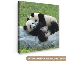 Canvas schilderij 90x90 cm - Wanddecoratie Pandas - Gras - Steen - Muurdecoratie woonkamer - Slaapkamer decoratie - Kamer accessoires - Schilderijen op canvas