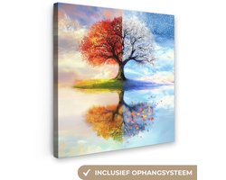 Canvas schilderij 90x90 cm - Wanddecoratie Seizoenen - Kunst - Boom - Winter - Herfst - Muurdecoratie woonkamer - Slaapkamer decoratie - Kamer accessoires - Schilderijen op canvas