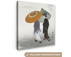 Canvas schilderij 90x90 cm - Wanddecoratie Vrouwen - Parasol - Kimono - Japandi - Vintage - Muurdecoratie woonkamer - Slaapkamer decoratie - Kamer accessoires - Schilderijen op canvas