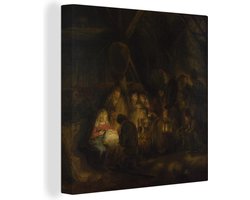 Canvas Schilderij Aanbidding van de herders - Schilderij van Rembrandt van Rijn - 50x50 cm - Wanddecoratie