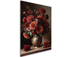 Canvas schilderij - Bloem in vaas - Dahlia - Woonkamer - Oude meesters - Hal accessoires - Bordeaux - Klassiek - 100x150 cm
