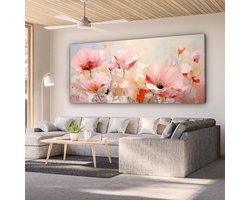 Canvas schilderij bloemen 160x80 cm - Abstracte kunst handgeschilderd - Huis decoratie woonkamer kleurrijk watercolor - Keuken muur schilderijen - Wanddecoratie roze accessoires - Kamer interieur decoraties - Wanddoek natuur botanisch