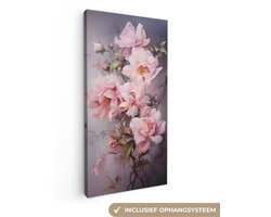 Canvas schilderij bloemen 20x40 cm - Abstracte kunst handgeschilderd - Huis decoratie woonkamer kleurrijk watercolor - Keuken muur schilderijen - Wanddecoratie roze accessoires - Kamer interieur decoraties - Wanddoek natuur botanisch