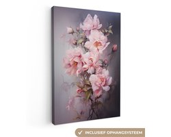 Canvas schilderij bloemen 40x60 cm - Abstracte kunst handgeschilderd - Huis decoratie woonkamer kleurrijk watercolor - Keuken muur schilderijen - Wanddecoratie roze accessoires - Kamer interieur decoraties - Wanddoek natuur botanisch