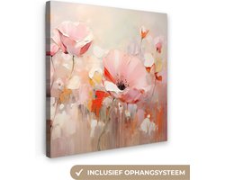 Canvas schilderij bloemen 50x50 cm - Abstracte kunst handgeschilderd - Huis decoratie woonkamer kleurrijk watercolor - Keuken muur schilderijen - Wanddecoratie roze accessoires - Kamer interieur decoraties - Wanddoek natuur botanisch
