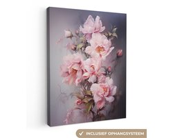 Canvas schilderij bloemen 90x120 cm - Abstracte kunst handgeschilderd - Huis decoratie woonkamer kleurrijk watercolor - Keuken muur schilderijen - Wanddecoratie roze accessoires - Kamer interieur decoraties - Wanddoek natuur botanisch