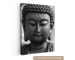 Canvas schilderij Boeddha beeld zwart wit 30x40 - Kamer decoratie accessoires - Buddha schilderijen woonkamer - Wanddecoratie slaapkamer - Muurdecoratie keuken - Muurdoek - Wanddoek interieur binnen - Woondecoratie huis - Woonaccessoires