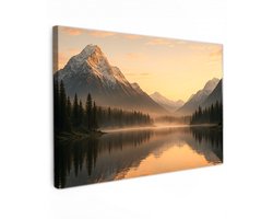 Canvas Schilderij - Canvas Schilderij Bergmeer bij Zonsopkomst - 90x50 cm - Zonsondergang in de Natuur - Landschap - Muurdecoratie voor Woonkamer & Slaapkamer - Premium Kwaliteit Canvas op Houten Frame - Wanddecoratie - Huis decoratie