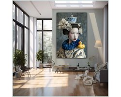 Canvas schilderij - Canvas - Staand - 50 x 70 cm - Portret - Vrouw - Geisha - Badeend - Porselein - Japan - Modern - Wanddecoratie - Muurdecoratie woonkamer - Uniek - Exclusief -Picturetopicture