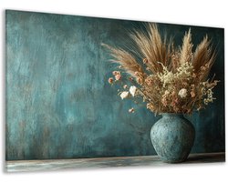 Canvas schilderij - Droogbloemen - Vaas - Pampasgras - Zen - Muur decoratie slaapkamer - Woonkamer accessoires - Japandi - 90x60 cm