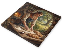 Canvas schilderij Elf bakker kneedt brood in boomhut keuken Sfeervolle fantasy wanddecoratie Uniek schilderij voor in de keuken of woonkamer Fantastisch cadeau voor liefhebbers van ambacht en bakken en Tolkien fantasy boeken zoals De Hobbit