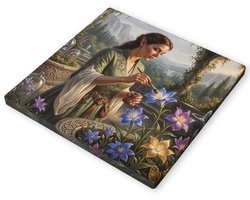 Canvas schilderij elf vrouw in groene jurk bestuift met kwastje blauwe en gele bloemen met penseel op stenen terras met klassieke fontein en glazen stolpen sfeervolle fantasy tuin decoratie 40x40 cm