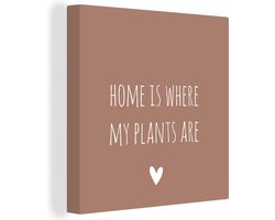 Canvas Schilderij Engelse quote Home is where my plants are met een hartje tegen een bruine achtergrond - 90x90 cm - Wanddecoratie