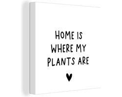 Canvas Schilderij Engelse quote Home is where my plants are met een hartje tegen een witte achtergrond - 90x90 cm - Wanddecoratie