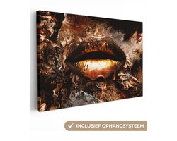 Canvas schilderij - Gouden lippen 150x100 - Kamer decoratie accessoires abstract - Goud kunst schilderijen woonkamer - Wanddecoratie slaapkamer - Muurdecoratie keuken - Wanddoek interieur binnen - Woondecoratie huis - Woonaccessoires