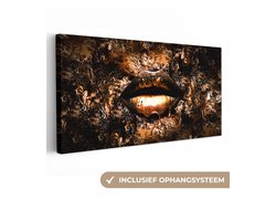 Canvas schilderij - Gouden lippen 160x80 - Kamer decoratie accessoires abstract - Goud kunst schilderijen woonkamer - Wanddecoratie slaapkamer - Muurdecoratie keuken - Wanddoek interieur binnen - Woondecoratie huis - Woonaccessoires