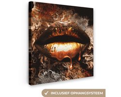 Canvas schilderij - Gouden lippen 20x20 - Kamer decoratie accessoires abstract - Goud kunst schilderijen woonkamer - Wanddecoratie slaapkamer - Muurdecoratie keuken - Wanddoek interieur binnen - Woondecoratie huis - Woonaccessoires
