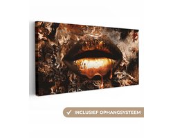 Canvas schilderij - Gouden lippen 60x30 - Kamer decoratie accessoires abstract - Goud kunst schilderijen woonkamer - Wanddecoratie slaapkamer - Muurdecoratie keuken - Wanddoek interieur binnen - Woondecoratie huis - Woonaccessoires