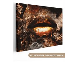 Canvas schilderij - Gouden lippen 80x60 - Kamer decoratie accessoires abstract - Goud kunst schilderijen woonkamer - Wanddecoratie slaapkamer - Muurdecoratie keuken - Wanddoek interieur binnen - Woondecoratie huis - Woonaccessoires