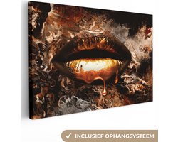 Canvas schilderij - Gouden lippen 90x60 - Kamer decoratie accessoires abstract - Goud kunst schilderijen woonkamer - Wanddecoratie slaapkamer - Muurdecoratie keuken - Wanddoek interieur binnen - Woondecoratie huis - Woonaccessoires