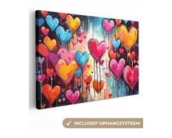 Canvas schilderij hartjes 120x80 cm - Huis decoratie woonkamer - Abstracte kunst kleurrijk - Keuken muur schilderijen liefde - Wanddecoratie kleuren accessoires - Kamer interieur decoraties - Wanddoek abstract modern - Gang