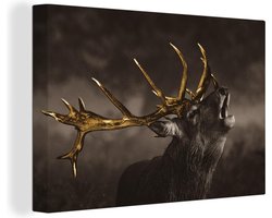 Canvas schilderij - Hert goud portret 150x100 - Kamer decoratie accessoires - Dieren schilderijen woonkamer - Natuur wanddecoratie slaapkamer - Muurdecoratie keuken - Wanddoek interieur binnen - Woondecoratie huis - Woonaccessoires