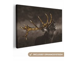 Canvas schilderij - Hert goud portret 90x60 - Kamer decoratie accessoires - Dieren schilderijen woonkamer - Natuur wanddecoratie slaapkamer - Muurdecoratie keuken - Wanddoek interieur binnen - Woondecoratie huis - Woonaccessoires