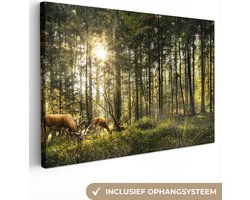 Canvas schilderij - Herten in het bos 120x80 - Kamer decoratie accessoires bomen - Schilderijen woonkamer dieren - Wanddecoratie hert slaapkamer - Muurdecoratie natuur keuken - Wanddoek interieur - Woondecoratie huis - Woonaccessoires