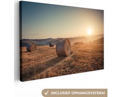 Canvas schilderij - Hooibaal bij zonsondergang 120x80 - Kamer decoratie accessoires - Schilderijen woonkamer landschap - Wanddecoratie slaapkamer - Muurdecoratie keuken - Wanddoek interieur binnen - Woondecoratie huis - Wall art