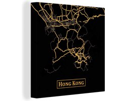 Canvas Schilderij Kaart - Hong Kong - China - Goud - Zwart - 50x50 cm - Wanddecoratie