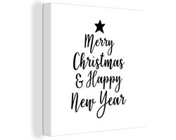 Canvas Schilderij Kerst quote Merry Christmas & Happy New Year op een witte achtergrond - 20x20 cm - Wanddecoratie