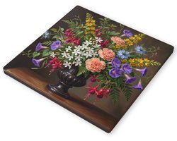 Canvas schilderij Klassiek bloemstilleven met perzik kleurige anjers Dianthus, roze fuchsia bloemen, witte jasmijn en blauwe windende winde in sierlijke zwarte vaas Wanddecoratie woonkamer Kunst