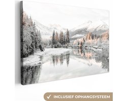 Canvas schilderij landschap 60x40 cm - Winter decoratie schilderijen woonkamer huis - Keuken muur natuur schilderijen - Landelijke wanddecoratie accessoires - Kamer interieur decoraties - Wanddoek sneeuw bergen - Slaapkamer - Scandinavisch