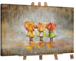 Canvas schilderij landschapsformaat handgeschilderd zomerregen regen natuur – YS-Art Gallery – Sfeervol wanddecoratie voor woonkamer – Modern schilderij voor slaapkamer en hal