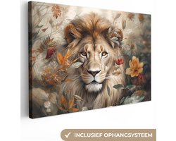 Canvas schilderij - Leeuw portret 140x90 - Kamer decoratie accessoires - Schilderijen leeuwen woonkamer - Dieren wanddecoratie slaapkamer - Muurdecoratie botanisch keuken - Wanddoek interieur binnen - Woondecoratie huis - Woonaccessoires