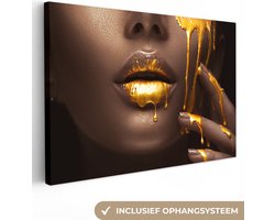 Canvas schilderij - Lippen goud 140x90 - Kamer decoratie accessoires - Gouden schilderijen vrouw woonkamer - Wanddecoratie slaapkamer - Muurdecoratie keuken - Wall decoration - Wanddoek interieur - Woondecoratie huis - Woonaccessoires
