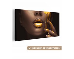 Canvas schilderij lippen goud 160x80 - Kamer decoratie accessoires - Gouden schilderijen vrouw woonkamer - Wanddecoratie slaapkamer - Muurdecoratie keuken - Wall decoration - Wanddoek interieur binnen - Woondecoratie huis - Woonaccessoires
