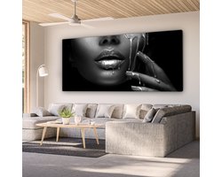 Canvas schilderij lippen goud 160x80 - Kamer decoratie accessoires - Gouden schilderijen vrouw woonkamer - Wanddecoratie slaapkamer - Muurdecoratie keuken - Wall decoration - Wanddoek interieur binnen - Woondecoratie huis - Woonaccessoires