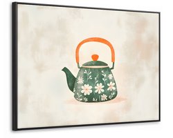 Canvas Schilderij met Baklijst 100x70cm - Theepot - Groen - Bloemen - Oranje - Muurdecoratie woonkamer - Slaapkamer decoratie - Kamer accessoires - Schilderijen op canvas met lijst