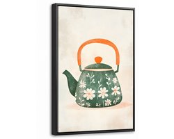 Canvas Schilderij met Baklijst 20x30cm - Theepot - Groen - Bloemen - Oranje - Muurdecoratie woonkamer - Slaapkamer decoratie - Kamer accessoires - Schilderijen op canvas met lijst