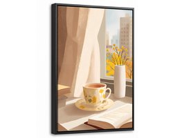 Canvas Schilderij met Baklijst 40x60cm - Thee - Boek - Thee - Herfst - Muurdecoratie woonkamer - Slaapkamer decoratie - Kamer accessoires - Schilderijen op canvas met lijst