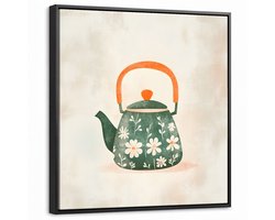 Canvas Schilderij met Baklijst 50x50cm - Theepot - Groen - Bloemen - Oranje - Muurdecoratie woonkamer - Slaapkamer decoratie - Kamer accessoires - Schilderijen op canvas met lijst