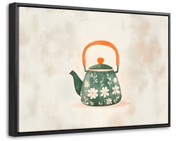 Canvas Schilderij met Baklijst 60x40cm - Theepot - Groen - Bloemen - Oranje - Muurdecoratie woonkamer - Slaapkamer decoratie - Kamer accessoires - Schilderijen op canvas met lijst