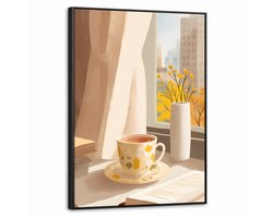 Canvas Schilderij met Baklijst 60x80cm - Thee - Boek - Thee - Herfst - Muurdecoratie woonkamer - Slaapkamer decoratie - Kamer accessoires - Schilderijen op canvas met lijst