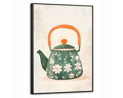 Canvas Schilderij met Baklijst 60x80cm - Theepot - Groen - Bloemen - Oranje - Muurdecoratie woonkamer - Slaapkamer decoratie - Kamer accessoires - Schilderijen op canvas met lijst
