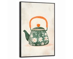 Canvas Schilderij met Baklijst 60x90cm - Theepot - Groen - Bloemen - Oranje - Muurdecoratie woonkamer - Slaapkamer decoratie - Kamer accessoires - Schilderijen op canvas met lijst