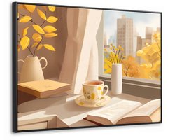 Canvas Schilderij met Baklijst 80x60cm - Thee - Boek - Thee - Herfst - Muurdecoratie woonkamer - Slaapkamer decoratie - Kamer accessoires - Schilderijen op canvas met lijst