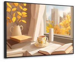 Canvas Schilderij met Baklijst 90x60cm - Thee - Boek - Thee - Herfst - Muurdecoratie woonkamer - Slaapkamer decoratie - Kamer accessoires - Schilderijen op canvas met lijst